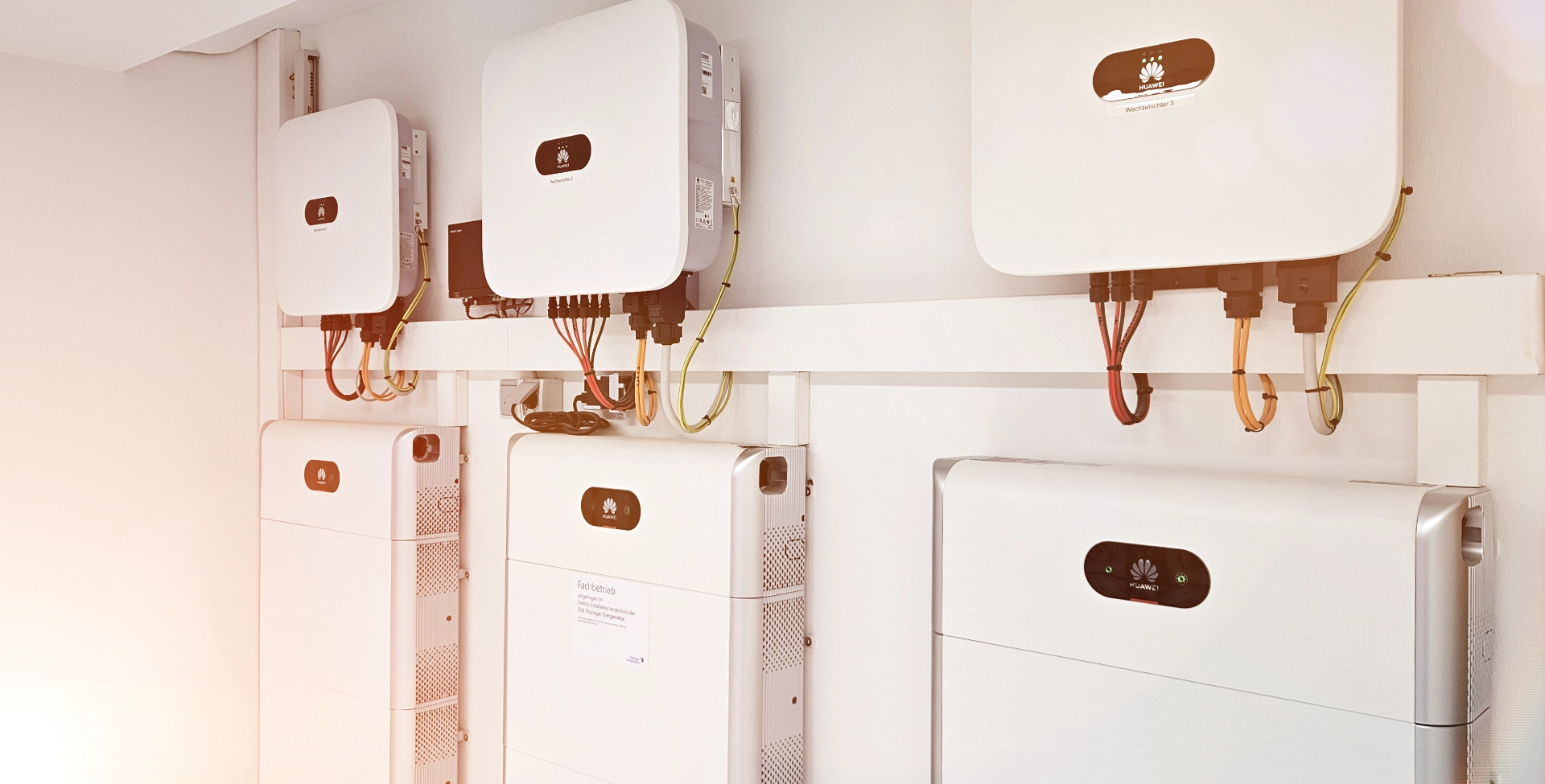 Blick auf drei Huawei Energiespeicher und Wechselrichter in einem weißen Raum