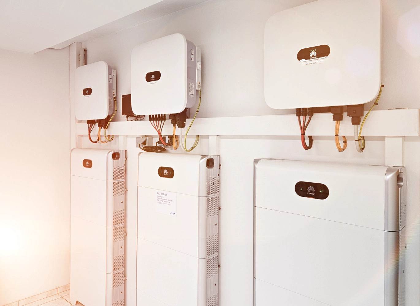 Blick auf drei Huawei Energiespeicher und Wechselrichter in einem weißen Raum